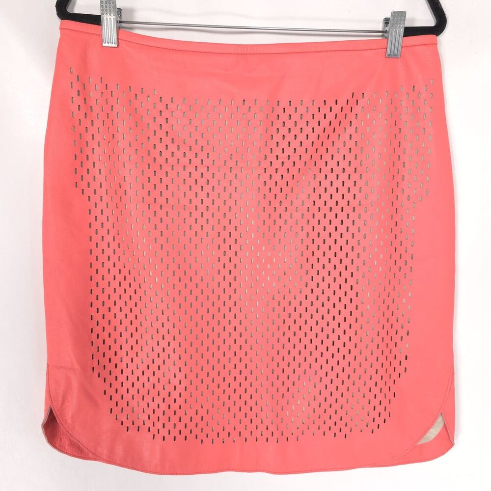 PER SE Women's Mini Skirt US 10 Coral 100% LEATHER Laser Cut Modern Luxury